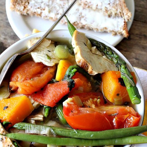 Roasted Chicken and Vegetable Soup | Can't Stay Out of the Kitchen | this superb #soup #recipe is made with grilled #chicken & lots of fresh #veggies seasoned with fresh #basil, #oregano, #thyme & #rosemary. It's healthy, #lowcalorie, #glutenfree & #cleaneating. Perfect meal idea for #80DayObsession. #healthysouprecipe #glutenfreesouprecipe #lowcaloriesouprecipe
