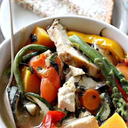 Roasted Chicken and Vegetable Soup | Can't Stay Out of the Kitchen | this superb #soup #recipe is made with grilled #chicken & lots of fresh #veggies seasoned with fresh #basil, #oregano, #thyme & #rosemary. It's healthy, #lowcalorie, #glutenfree & #cleaneating. Perfect meal idea for #80DayObsession. #healthysouprecipe #glutenfreesouprecipe #lowcaloriesouprecipe