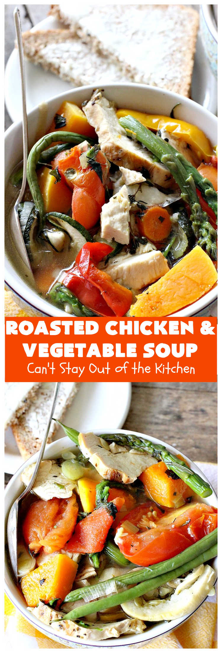 Roasted Chicken and Vegetable Soup | Can't Stay Out of the Kitchen | this superb #soup #recipe is made with grilled #chicken & lots of fresh #veggies seasoned with fresh #basil, #oregano, #thyme & #rosemary. It's #healthy, #LowCalorie, #GlutenFree & #CleanEating. #HealthySoupRecipe #GlutenFreeSouprRecipe #LowCalorieSoupRecipe #RoastedChickenAndVegetableSoup #tomatoes #broccoli #asparagus #carrots #zucchini #YellowSquash