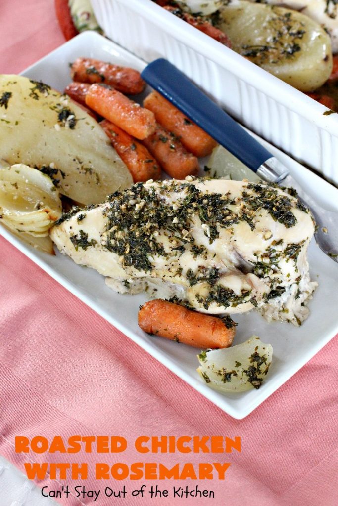 Roasted Chicken with Rosemary | Can't Stay Out of the Kitchen | this is my favorite "go-to" #chicken entree. It's a one-dish meal & is oven ready in about 5 minutes! It's so delicious everyone always raves over it when I make it. #potatoes #carrots #gluten free