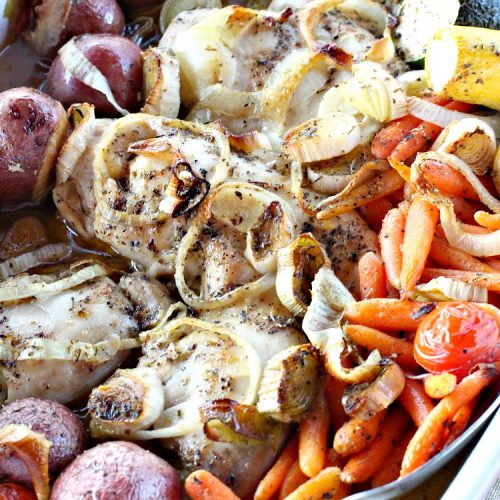 Roasted Chicken with Vegetables | Can't Stay Out of the Kitchen | this amazing one-dish #chicken entree is flavored with a lovely homemade olive oil vinaigrette. It's so tasty you'll be licking your lips after the first bite! #RoastedChicken #zucchini #tomatoes #YellowSquash #RedPotatoes #carrots #OneDishMeal #EasyOneDishSupper #GlutenFree #GlutenFreeChickenEntree #casserole