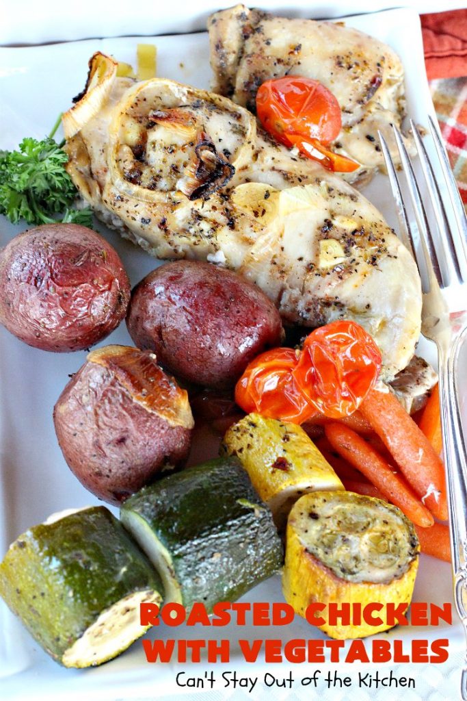 Roasted Chicken with Vegetables | Can't Stay Out of the Kitchen | this amazing one-dish #chicken entree is flavored with a lovely homemade olive oil vinaigrette. It's so tasty you'll be licking your lips after the first bite! #RoastedChicken #zucchini #tomatoes #YellowSquash #RedPotatoes #carrots #OneDishMeal #EasyOneDishSupper #GlutenFree #GlutenFreeChickenEntree #casserole