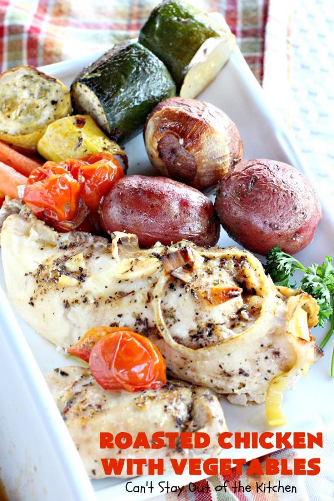 Roasted Chicken with Vegetables | Can't Stay Out of the Kitchen | this amazing one-dish #chicken entree is flavored with a lovely homemade olive oil vinaigrette. It's so tasty you'll be licking your lips after the first bite! #RoastedChicken #zucchini #tomatoes #YellowSquash #RedPotatoes #carrots #OneDishMeal #EasyOneDishSupper #GlutenFree #GlutenFreeChickenEntree #casserole