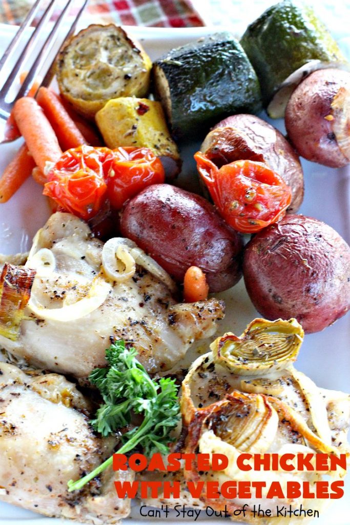Roasted Chicken with Vegetables | Can't Stay Out of the Kitchen | this amazing one-dish #chicken entree is flavored with a lovely homemade olive oil vinaigrette. It's so tasty you'll be licking your lips after the first bite! #RoastedChicken #zucchini #tomatoes #YellowSquash #RedPotatoes #carrots #OneDishMeal #EasyOneDishSupper #GlutenFree #GlutenFreeChickenEntree #casserole