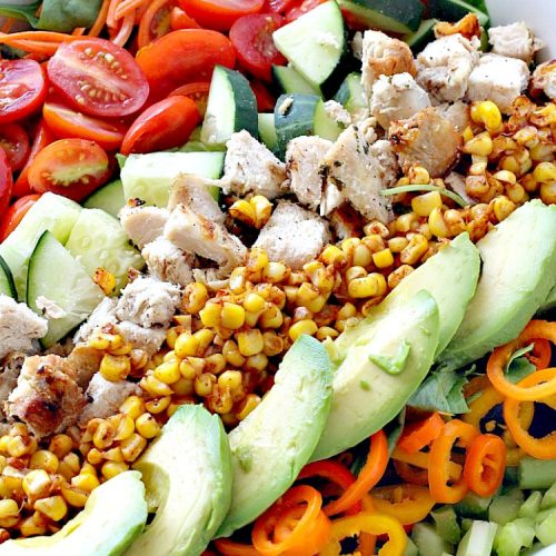 Roasted Corn Salad | Can't Stay Out of the Kitchen | this healthy, clean-eating #salad is full of flavor & crunchy goodness. Perfect main dish salad. #chicken #avocados #corn #glutenfree