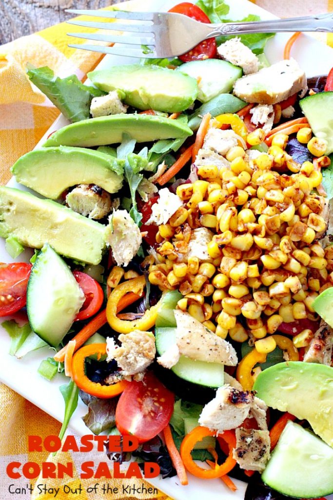 Roasted Corn Salad | Can't Stay Out of the Kitchen | this healthy, clean-eating #salad is full of flavor & crunchy goodness. Perfect main dish salad. #chicken #avocados #corn #glutenfree