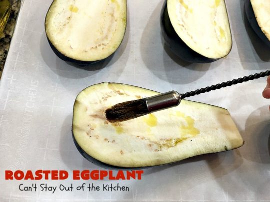Roasted Eggplant | Can't Stay Out of the Kitchen | easy 4-ingredient #recipe can be served as an #appetizer or as a #SideDish. It's terrific for potlucks & #tailgating parties served with salsa or hummus. As a side dish it's wonderful with any kind of entree. #Healthy, #LowCalorie, #CleanEating, #GlutenFree & #Vegan. #eggplant #RoastedEggplant