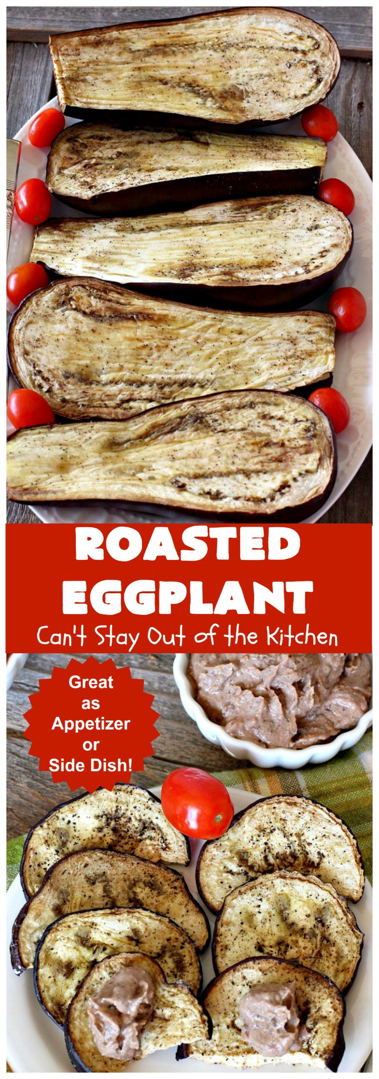Roasted Eggplant | Can't Stay Out of the Kitchen | easy 4-ingredient #recipe can be served as an #appetizer or as a #SideDish. It's terrific for potlucks & #tailgating parties served with salsa or hummus. As a side dish it's wonderful with any kind of entree. #Healthy, #LowCalorie, #CleanEating, #GlutenFree & #Vegan. #eggplant #RoastedEggplant
