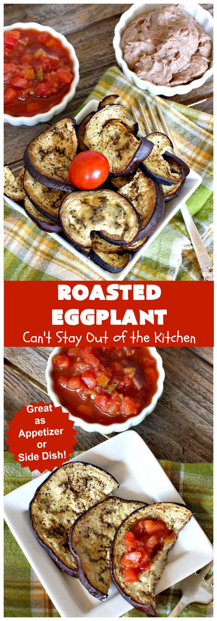 Roasted Eggplant | Can't Stay Out of the Kitchen | easy 4-ingredient #recipe can be served as an #appetizer or as a #SideDish. It's terrific for potlucks & #tailgating parties served with salsa or hummus. As a side dish it's wonderful with any kind of entree. #Healthy, #LowCalorie, #CleanEating, #GlutenFree & #Vegan. #eggplant #RoastedEggplant