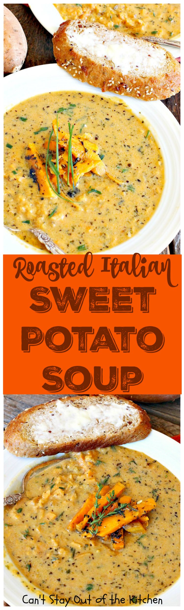 Roasted Italian Sweet Potato Soup | Can't Stay Out of the Kitchen | this #soup is amazing comfort food. Roasting the #sweetpotatoes adds incredible flavor. Plus, the soup is healthy, low calorie, #glutenfree & #vegan.