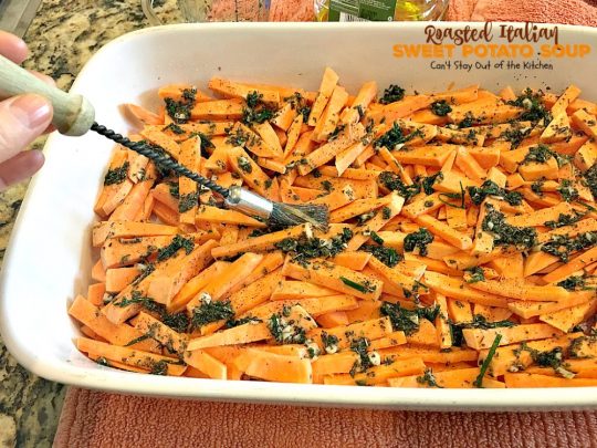 Roasted Italian Sweet Potato Soup | Can't Stay Out of the Kitchen | this #soup is amazing comfort food. Roasting the #sweetpotatoes adds incredible flavor. Plus, the soup is healthy, low calorie, #glutenfree & #vegan.