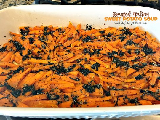 Roasted Italian Sweet Potato Soup | Can't Stay Out of the Kitchen | this #soup is amazing comfort food. Roasting the #sweetpotatoes adds incredible flavor. Plus, the soup is healthy, low calorie, #glutenfree & #vegan.