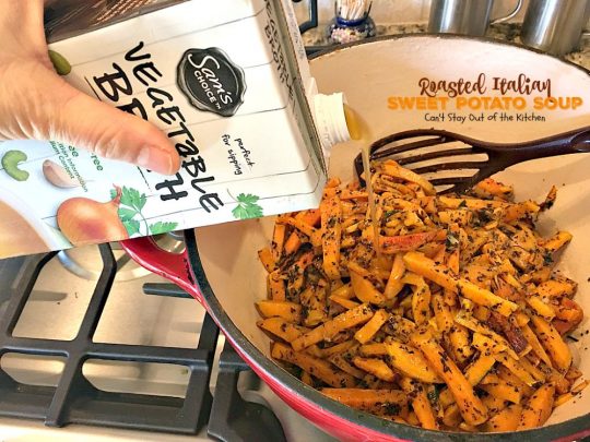 Roasted Italian Sweet Potato Soup | Can't Stay Out of the Kitchen | this #soup is amazing comfort food. Roasting the #sweetpotatoes adds incredible flavor. Plus, the soup is healthy, low calorie, #glutenfree & #vegan.