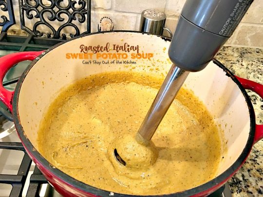 Roasted Italian Sweet Potato Soup | Can't Stay Out of the Kitchen | this #soup is amazing comfort food. Roasting the #sweetpotatoes adds incredible flavor. Plus, the soup is healthy, low calorie, #glutenfree & #vegan.