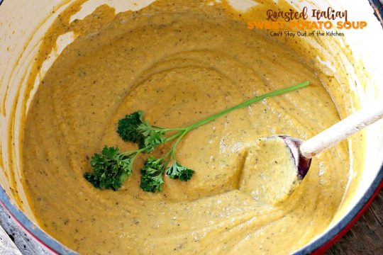 Roasted Italian Sweet Potato Soup | Can't Stay Out of the Kitchen | this #soup is amazing comfort food. Roasting the #sweetpotatoes adds incredible flavor. Plus, the soup is healthy, low calorie, #glutenfree & #vegan.