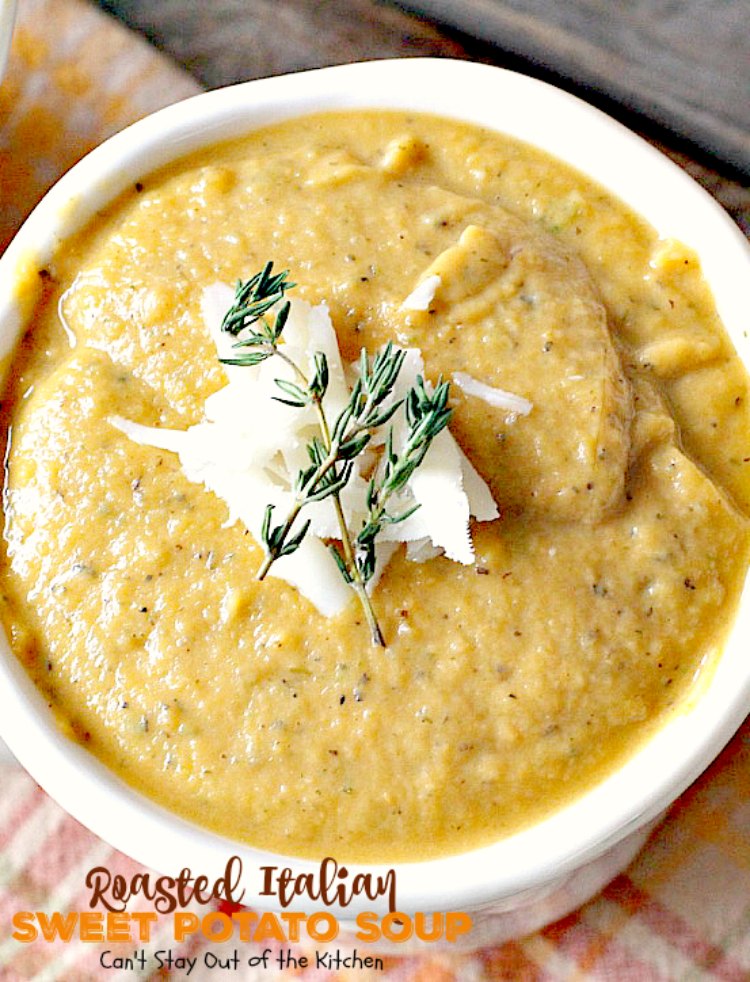Roasted Italian Sweet Potato Soup | Can't Stay Out of the Kitchen | this #soup is amazing comfort food. Roasting the #sweetpotatoes adds incredible flavor. Plus, the soup is healthy, low calorie, #glutenfree & #vegan.