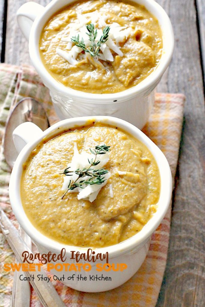Roasted Italian Sweet Potato Soup | Can't Stay Out of the Kitchen | this #soup is amazing comfort food. Roasting the #sweetpotatoes adds incredible flavor. Plus, the soup is healthy, low calorie, #glutenfree & #vegan.