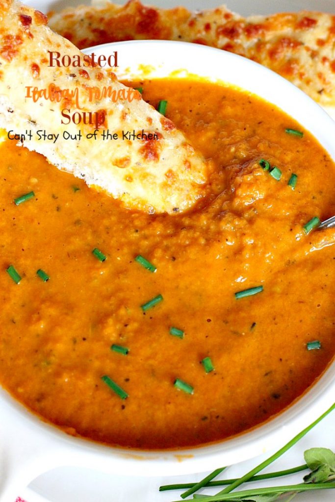Roasted Italian Tomato Soup | Can't Stay Out of the Kitchen | this amazing #soup has spectacular flavor from lots of fresh herbs. Amazing comfort food. Great #lowcalorie meal for after the #holidays. #tomatoes #glutenfree #vegan