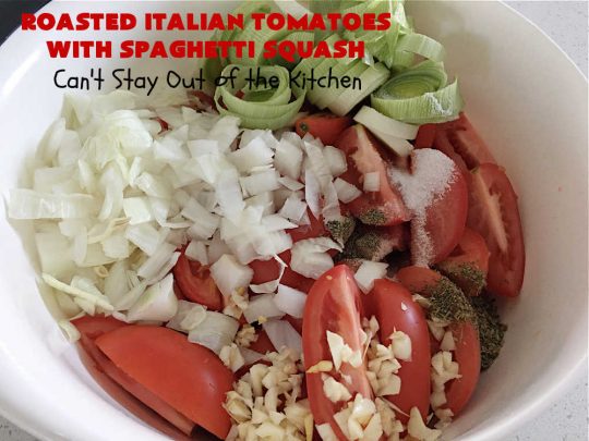 Roasted Italian Tomatoes with Spaghetti Squash | Can't Stay Out of the Kitchen | this mouthwatering entree is made with #RoastedTomatoes with lots of herbs to spice it up. It's terrific for a #MeatlessMonday entree & is #healthy, #LowCalorie, #Vegan & #GlutenFree. #Italian #SpaghettiSquash #RoastedItalianTomatoesWithSpaghettiSquash