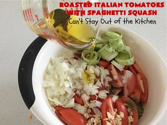Roasted Italian Tomatoes with Spaghetti Squash | Can't Stay Out of the Kitchen | this mouthwatering entree is made with #RoastedTomatoes with lots of herbs to spice it up. It's terrific for a #MeatlessMonday entree & is #healthy, #LowCalorie, #Vegan & #GlutenFree. #Italian #SpaghettiSquash #RoastedItalianTomatoesWithSpaghettiSquash
