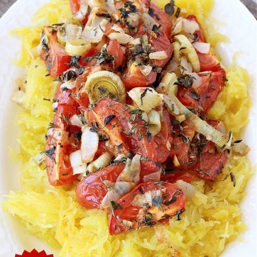 Roasted Italian Tomatoes with Spaghetti Squash | Can't Stay Out of the Kitchen | this mouthwatering entree is made with #RoastedTomatoes with lots of herbs to spice it up. It's terrific for a #MeatlessMonday entree & is #healthy, #LowCalorie, #Vegan & #GlutenFree. #Italian #SpaghettiSquash #RoastedItalianTomatoesWithSpaghettiSquash