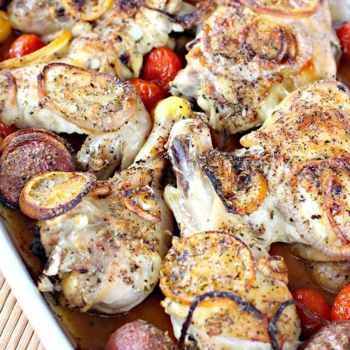 Roasted Lemon Chicken with Potatoes and Tomatoes | Can't Stay Out of the Kitchen | this tasty roasted #chicken dinner is succulent and amazing. It's the perfect one-dish meal for busy weeknights or #holidays like #Easter. #potatoes #tomatoes #glutenfree