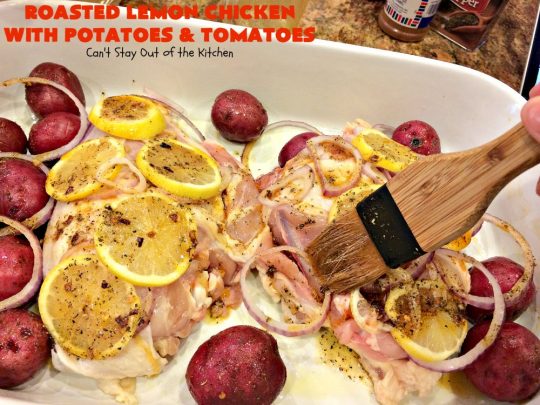 Roasted Lemon Chicken with Potatoes and Tomatoes | Can't Stay Out of the Kitchen | this tasty roasted #chicken dinner is succulent and amazing. It's the perfect one-dish meal for busy weeknights or #holidays like #Easter. #potatoes #tomatoes #glutenfree