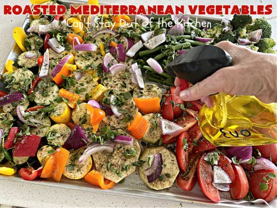 Roasted Mediterranean Vegetables | Can't Stay Out of the Kitchen | These #Mediterranean-style #vegetables are seasoned wonderfully & boosted in flavor by #roasting instead of boiling or baking in #casseroles. #OliveOil & #BalsamicVinegar provide the perfect accompaniment to evoke the delights of some of your favorite foods. Excellent #SideDish for any #entree, especially when serving a crowd. #healthy #LowCalorie #vegan #GlutenFree #RoastedMediterraneanVegetables