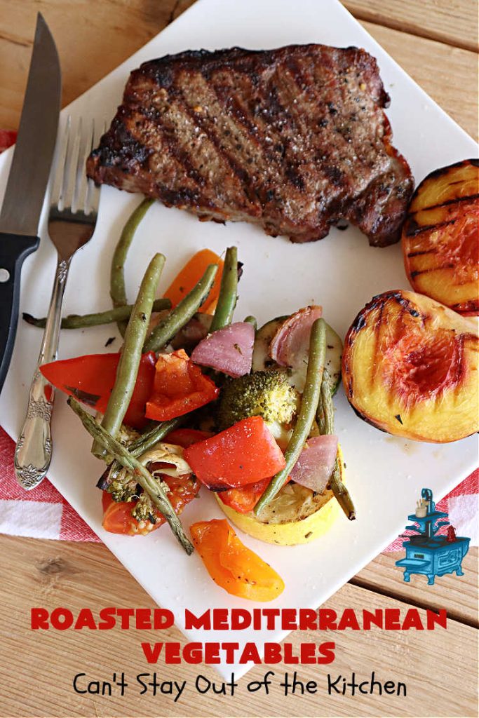 Roasted Mediterranean Vegetables | Can't Stay Out of the Kitchen | These #Mediterranean-style #vegetables are seasoned wonderfully & boosted in flavor by #roasting instead of boiling or baking in #casseroles. #OliveOil & #BalsamicVinegar provide the perfect accompaniment to evoke the delights of some of your favorite foods. Excellent #SideDish for any #entree, especially when serving a crowd. #healthy #LowCalorie #vegan #GlutenFree #RoastedMediterraneanVegetables