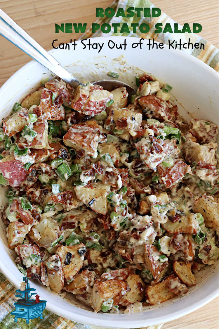 Roasted New Potato Salad | Can't Stay Out of the Kitchen | fantastic #SouthernLiving #recipe made with #bacon & #GreenOnions. The #potatoes are roasted first so they add additional savory flavor to the #PotatoSalad. Great for #tailgating, BBQ or grilling out. #RanchDressing makes this #salad spectacular! #GlutenFree #RoastedNewPotatoSalad