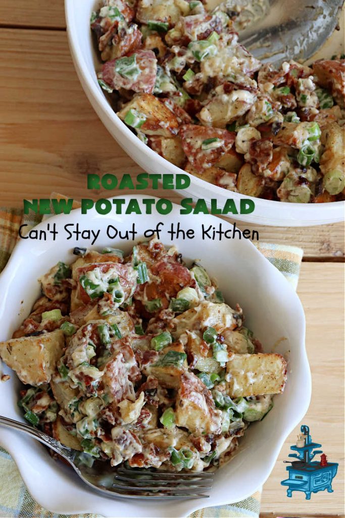 Roasted New Potato Salad | Can't Stay Out of the Kitchen | fantastic #SouthernLiving #recipe made with #bacon & #GreenOnions. The #potatoes are roasted first so they add additional savory flavor to the #PotatoSalad. Great for #tailgating, BBQ or grilling out. #RanchDressing makes this #salad spectacular! #GlutenFree #RoastedNewPotatoSalad