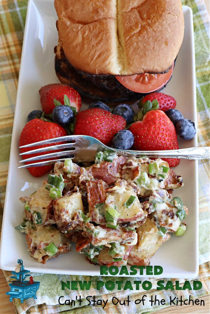 Roasted New Potato Salad | Can't Stay Out of the Kitchen | fantastic #SouthernLiving #recipe made with #bacon & #GreenOnions. The #potatoes are roasted first so they add additional savory flavor to the #PotatoSalad. Great for #tailgating, BBQ or grilling out. #RanchDressing makes this #salad spectacular! #GlutenFree #RoastedNewPotatoSalad