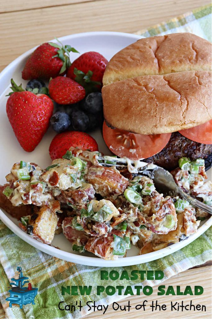 Roasted New Potato Salad | Can't Stay Out of the Kitchen | fantastic #SouthernLiving #recipe made with #bacon & #GreenOnions. The #potatoes are roasted first so they add additional savory flavor to the #PotatoSalad. Great for #tailgating, BBQ or grilling out. #RanchDressing makes this #salad spectacular! #GlutenFree #RoastedNewPotatoSalad