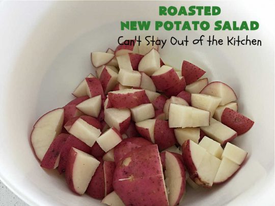 Roasted New Potato Salad | Can't Stay Out of the Kitchen | fantastic #SouthernLiving #recipe made with #bacon & #GreenOnions. The #potatoes are roasted first so they add additional savory flavor to the #PotatoSalad. Great for #tailgating, BBQ or grilling out. #RanchDressing makes this #salad spectacular! #GlutenFree #RoastedNewPotatoSalad