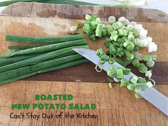 Roasted New Potato Salad | Can't Stay Out of the Kitchen | fantastic #SouthernLiving #recipe made with #bacon & #GreenOnions. The #potatoes are roasted first so they add additional savory flavor to the #PotatoSalad. Great for #tailgating, BBQ or grilling out. #RanchDressing makes this #salad spectacular! #GlutenFree #RoastedNewPotatoSalad
