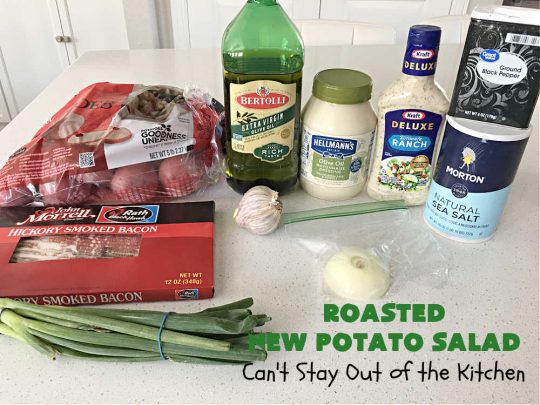 Roasted New Potato Salad | Can't Stay Out of the Kitchen | fantastic #SouthernLiving #recipe made with #bacon & #GreenOnions. The #potatoes are roasted first so they add additional savory flavor to the #PotatoSalad. Great for #tailgating, BBQ or grilling out. #RanchDressing makes this #salad spectacular! #GlutenFree #RoastedNewPotatoSalad