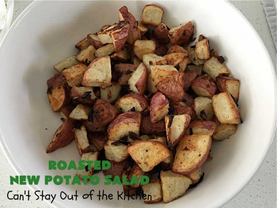 Roasted New Potato Salad | Can't Stay Out of the Kitchen | fantastic #SouthernLiving #recipe made with #bacon & #GreenOnions. The #potatoes are roasted first so they add additional savory flavor to the #PotatoSalad. Great for #tailgating, BBQ or grilling out. #RanchDressing makes this #salad spectacular! #GlutenFree #RoastedNewPotatoSalad