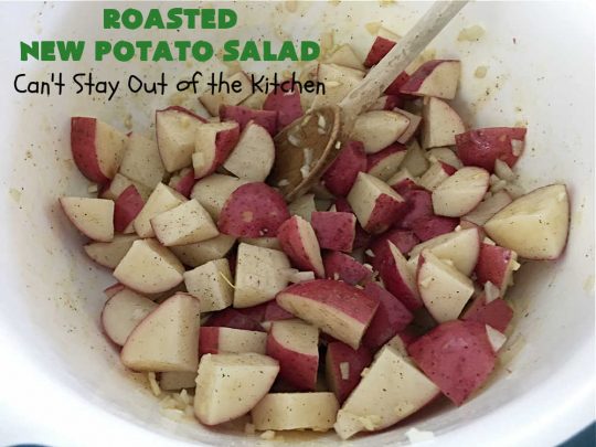 Roasted New Potato Salad | Can't Stay Out of the Kitchen | fantastic #SouthernLiving #recipe made with #bacon & #GreenOnions. The #potatoes are roasted first so they add additional savory flavor to the #PotatoSalad. Great for #tailgating, BBQ or grilling out. #RanchDressing makes this #salad spectacular! #GlutenFree #RoastedNewPotatoSalad