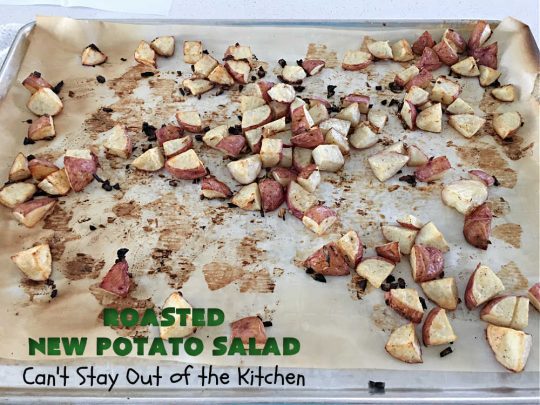 Roasted New Potato Salad | Can't Stay Out of the Kitchen | fantastic #SouthernLiving #recipe made with #bacon & #GreenOnions. The #potatoes are roasted first so they add additional savory flavor to the #PotatoSalad. Great for #tailgating, BBQ or grilling out. #RanchDressing makes this #salad spectacular! #GlutenFree #RoastedNewPotatoSalad