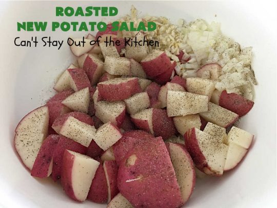 Roasted New Potato Salad | Can't Stay Out of the Kitchen | fantastic #SouthernLiving #recipe made with #bacon & #GreenOnions. The #potatoes are roasted first so they add additional savory flavor to the #PotatoSalad. Great for #tailgating, BBQ or grilling out. #RanchDressing makes this #salad spectacular! #GlutenFree #RoastedNewPotatoSalad