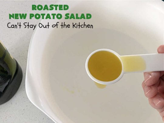 Roasted New Potato Salad | Can't Stay Out of the Kitchen | fantastic #SouthernLiving #recipe made with #bacon & #GreenOnions. The #potatoes are roasted first so they add additional savory flavor to the #PotatoSalad. Great for #tailgating, BBQ or grilling out. #RanchDressing makes this #salad spectacular! #GlutenFree #RoastedNewPotatoSalad