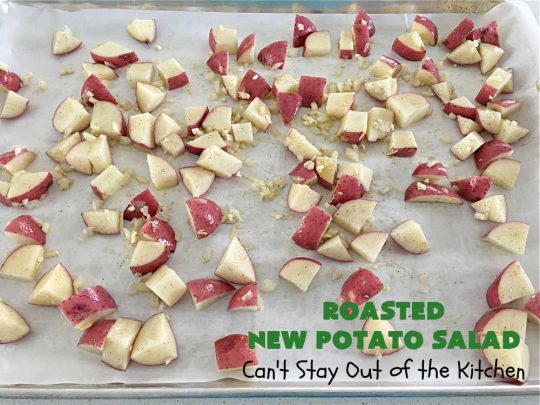 Roasted New Potato Salad | Can't Stay Out of the Kitchen | fantastic #SouthernLiving #recipe made with #bacon & #GreenOnions. The #potatoes are roasted first so they add additional savory flavor to the #PotatoSalad. Great for #tailgating, BBQ or grilling out. #RanchDressing makes this #salad spectacular! #GlutenFree #RoastedNewPotatoSalad