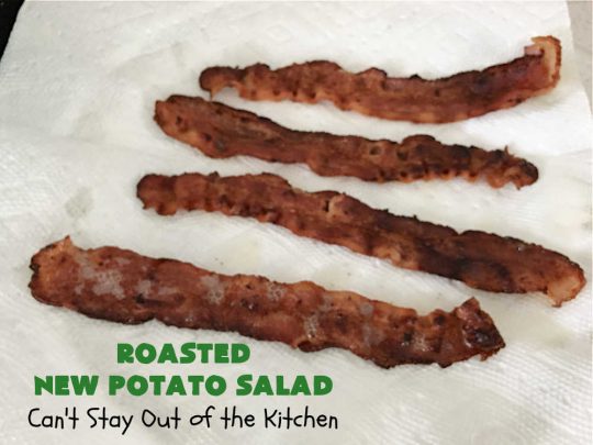 Roasted New Potato Salad | Can't Stay Out of the Kitchen | fantastic #SouthernLiving #recipe made with #bacon & #GreenOnions. The #potatoes are roasted first so they add additional savory flavor to the #PotatoSalad. Great for #tailgating, BBQ or grilling out. #RanchDressing makes this #salad spectacular! #GlutenFree #RoastedNewPotatoSalad