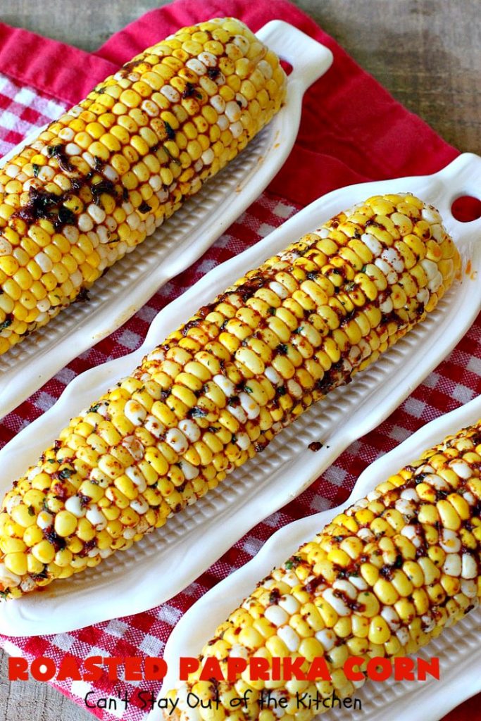 Roasted Paprika Corn | Can't Stay Out of the Kitchen | this fantastic #CornOnTheCob #recipe got 5 stars when I made it for company a couple of weeks ago. Amazing for #tailgating parties, potlucks, backyard barbecues or summer #holiday fun like #LaborDay. #Healthy, #LowCalorie & #GlutenFree. #corn #HolidaySideDish #RoastedPaprikaCorn