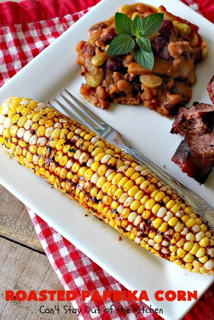 Roasted Paprika Corn | Can't Stay Out of the Kitchen | this fantastic #CornOnTheCob #recipe got 5 stars when I made it for company a couple of weeks ago. Amazing for #tailgating parties, potlucks, backyard barbecues or summer #holiday fun like #LaborDay. #Healthy, #LowCalorie & #GlutenFree. #corn #HolidaySideDish #RoastedPaprikaCorn