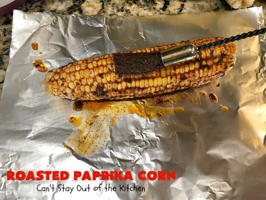 Roasted Paprika Corn | Can't Stay Out of the Kitchen | this fantastic #CornOnTheCob #recipe got 5 stars when I made it for company a couple of weeks ago. Amazing for #tailgating parties, potlucks, backyard barbecues or summer #holiday fun like #LaborDay. #Healthy, #LowCalorie & #GlutenFree. #corn #HolidaySideDish #RoastedPaprikaCorn