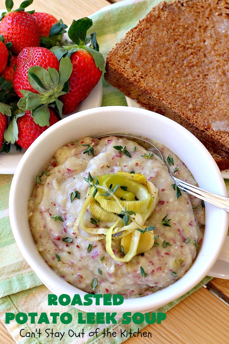 Roasted Potato Leek Soup | Can't Stay Out of the Kitchen | this fantastic #soup is made by roasting #RedPotatoes, #Leeks & a whole garlic bulb. 8-ingredient #recipe is really easy & delicious. This comfort food entree is hearty, filling & so satisfying on cold, winter nights. #potatoes #RoastedPotatoLeekSoup #GlutenFree #healthy #CleanEating #PotatoSoup