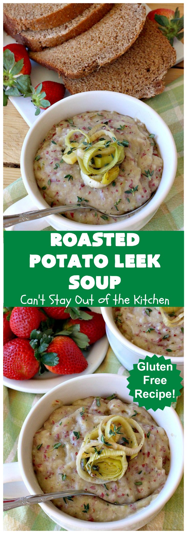 Roasted Potato Leek Soup | Can't Stay Out of the Kitchen | this fantastic #soup is made by roasting #RedPotatoes, #Leeks & a whole garlic bulb. 8-ingredient #recipe is really easy & delicious. This comfort food entree is hearty, filling & so satisfying on cold, winter nights. #potatoes #RoastedPotatoLeekSoup #GlutenFree #healthy #CleanEating #PotatoSoup