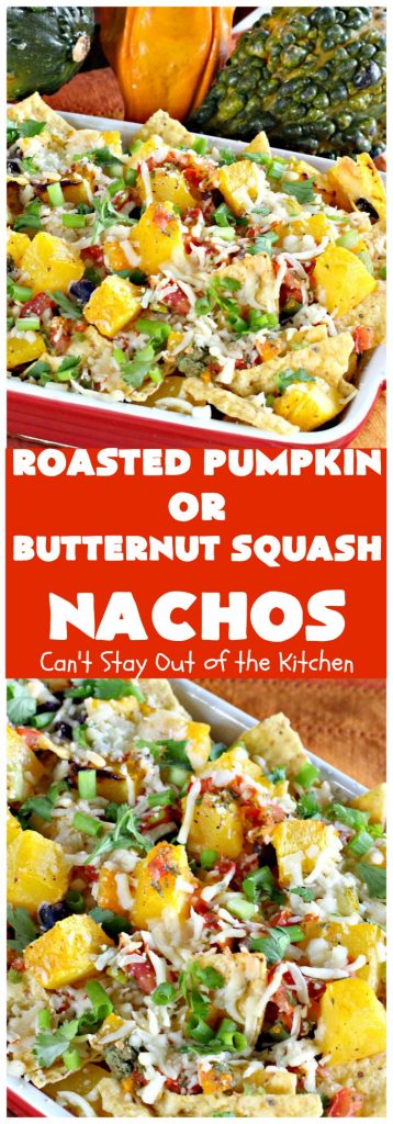 Roasted Pumpkin or Butternut Squash Nachos | Can't Stay Out of the Kitchen | these #nachos are beyond amazing! They use 2 layers of #tortilla chips, #blackbeans, roasted #pumpkin or #butternutsquash, #picodegallo & hot pepperjack #cheese. Perfect #tailgating #appetizer. #glutenfree #vegetarian