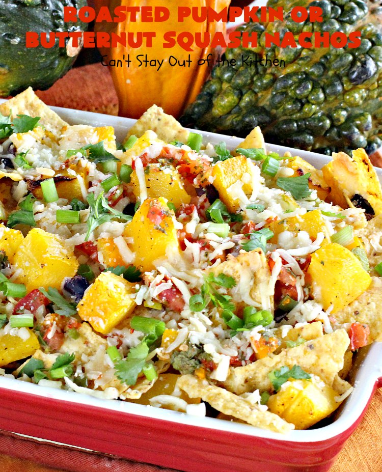 Roasted Pumpkin or Butternut Squash Nachos | Can't Stay Out of the Kitchen | these #nachos are beyond amazing! They use 2 layers of #tortilla chips, #blackbeans, roasted #pumpkin or #butternutsquash, #picodegallo & hot pepperjack #cheese. Perfect #tailgating #appetizer. #glutenfree #vegetarian
